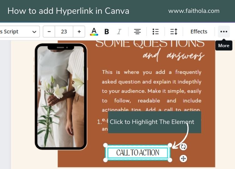 Click on the element, text or text box that you want to make clickable| hyperlink in canva