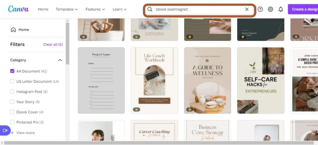 hpw to search for an ebook template in Canva