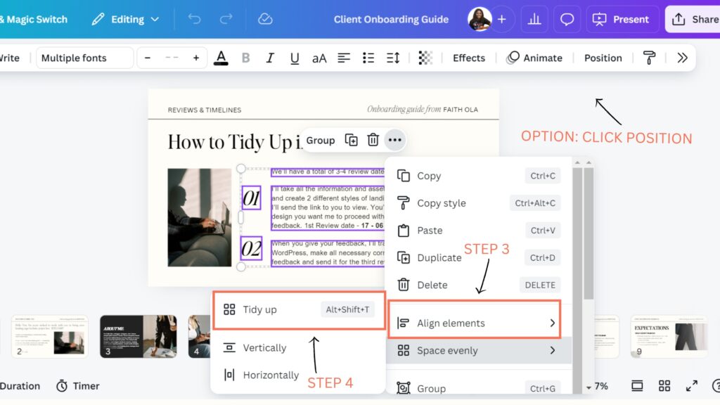 Image of a Visual guide displaying the process of the step to use Canva tidy up tool for a blog post tutorial.