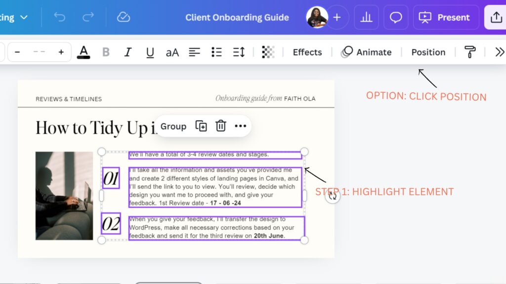 Image of a Visual guide displaying the process of using the first step to use Canva's tidy up tool for a blog post tutorial.