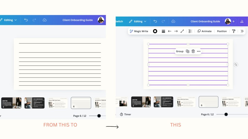 Image of a Visual guide displaying the process of using the first step to use the tidy up tool in Canva for a blog post tutorial.