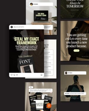 Collection of marketing templates with motivational messages and promotional content. Features 'steal my framework' design, checklist template, and recurring theme about making $10K monthly from coaching and memberships. Includes product mockup with elegant font palette against dark background