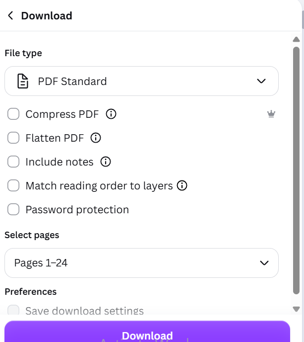 How to Create a Digitally Fillable Workbook in Canva 5 Screenshot of Canva PDF download settings with PDF Standard selected and options for flattening, compression, password protection, and page selection