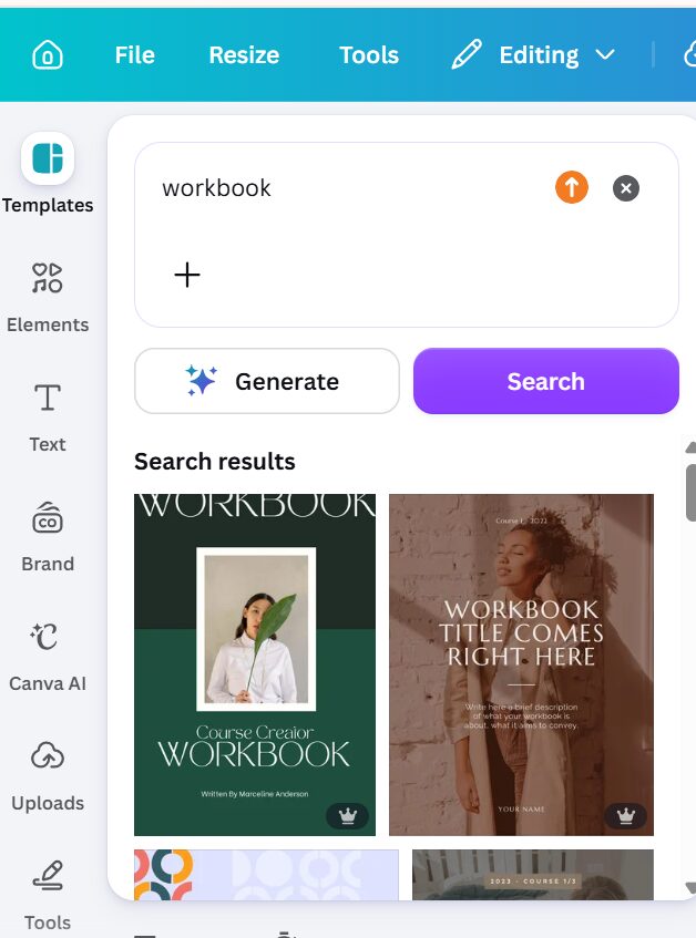 How to Create a Digitally Fillable Workbook in Canva 3 Searching for workbook templates in Canva and browsing workbook design options for creating a digital workbook