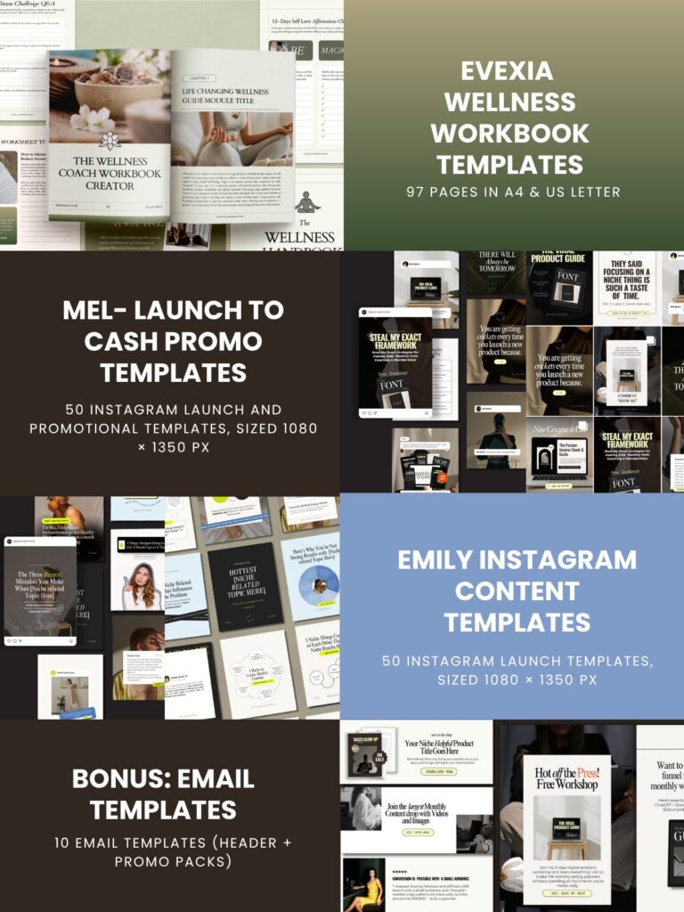 How to Create a Digitally Fillable Workbook in Canva 10 Canva digital product template bundle preview featuring the 97-page Evexia Wellness Workbook, Mel Launch-to-Cash promotional templates, Emily chart and Instagram content templates, and bonus Canva email templates in green, brown, black and blue layouts.