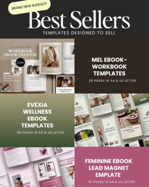 Faithola Best Sellers Canva digital product templates bundle preview featuring Mel ebook and workbook templates, Evexia wellness templates and a feminine ebook and lead magnet collection, with editable page designs in A4 and US Letter sizes.