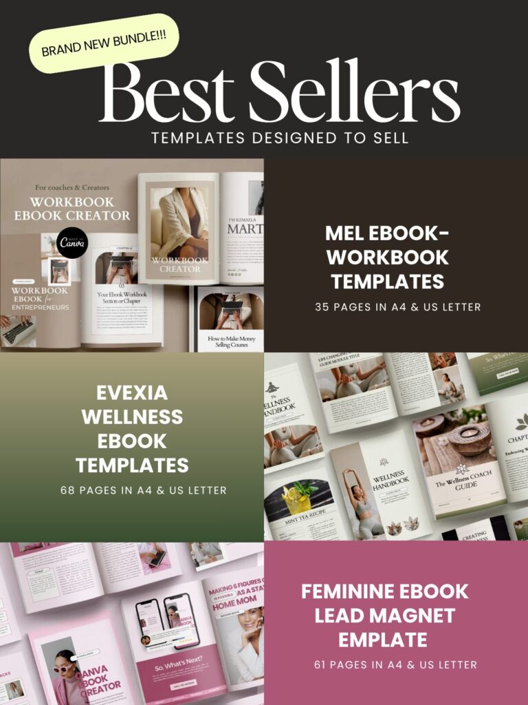 How to Create a Digitally Fillable Workbook in Canva 11 Faithola Best Sellers Canva digital product templates bundle preview featuring Mel ebook and workbook templates, Evexia wellness templates and a feminine ebook and lead magnet collection, with editable page designs in A4 and US Letter sizes.