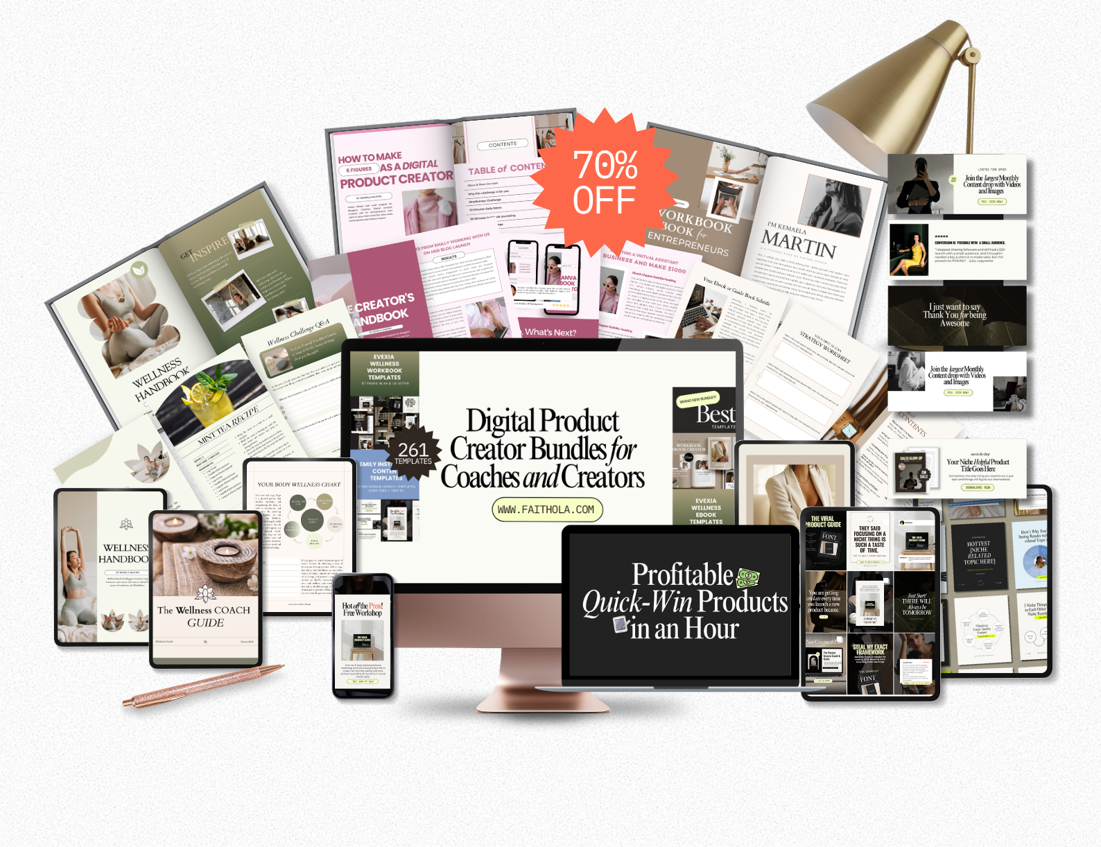 The Digital Product Creator Bundle 1 Digital Product Creator Bundle mockup showing ebook and workbook templates, promotional social media designs, mobile and desktop layouts, Profitable Quick-Win Products in an Hour, and a 70% off badge.