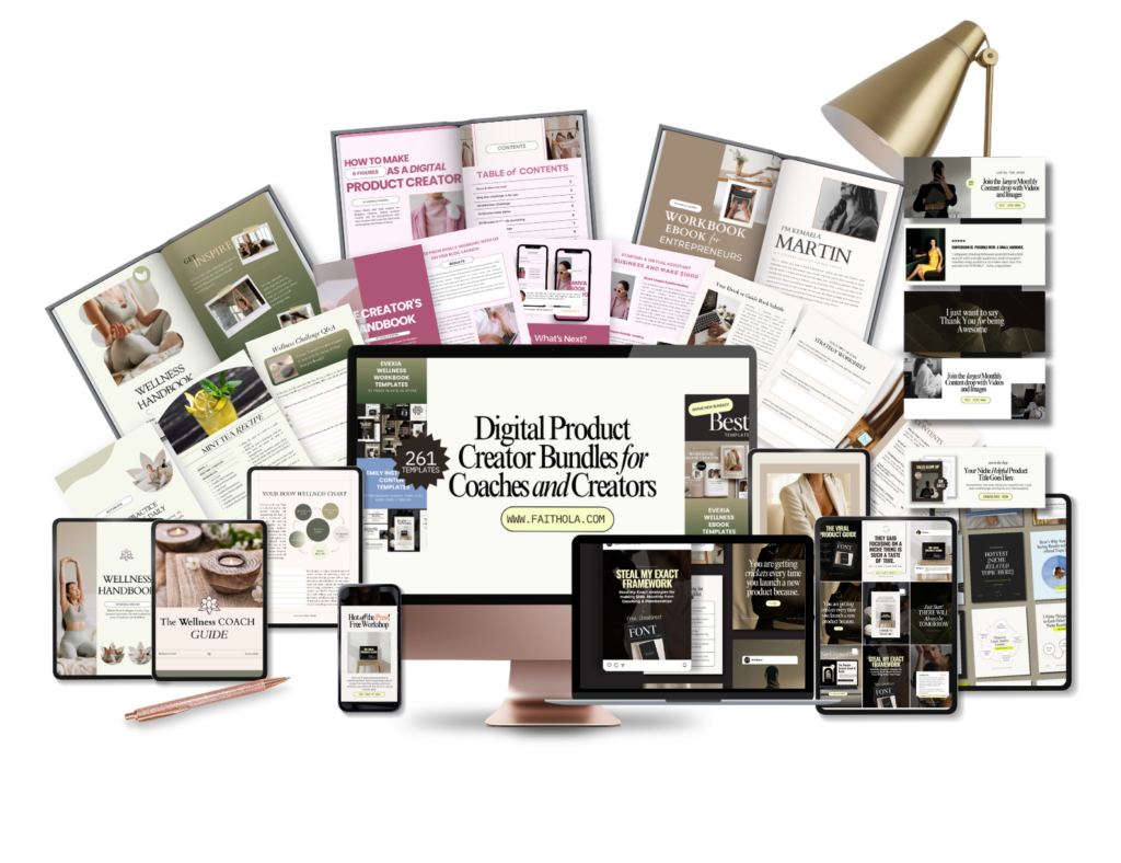 The Digital Product Creator Bundle 4 Digital Product Creator Bundle mockup displaying Canva ebook and workbook templates, promotional social media designs, mobile and desktop layouts, Profitable Quick-Win Products in an Hour, and examples of the included digital product designs.